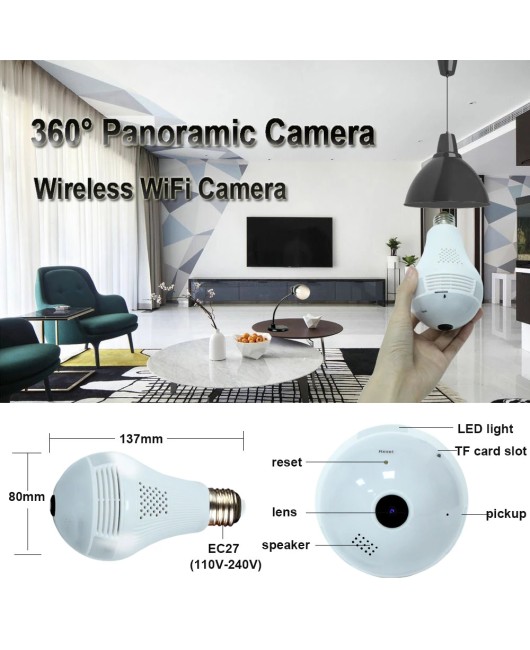 360 Degree LED Light 960P Wireless Panoramic Home Security WiFi CCTV Fisheye Bulb Lamp IP Camera Two Ways Audio E27 Cam