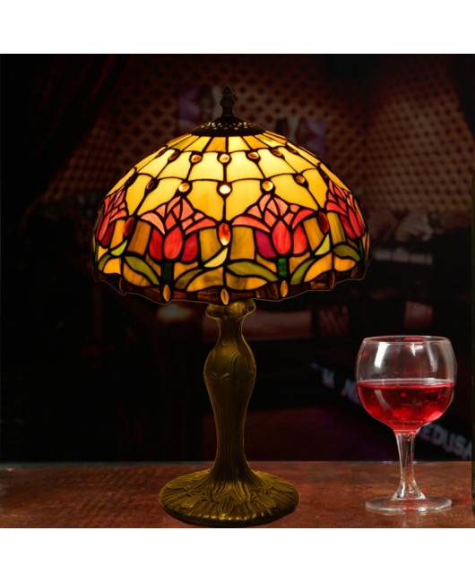 Retro Tiffany red tulip hotel bedroom bedside table lamp European-style glazed table lamp
