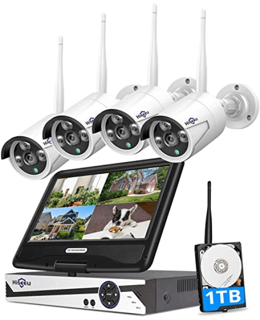 [8CH Expandable, 2K] Hiseeu All-in-one with 8CH 10.1" 1296P Monitor Wireless Security Camera System, 4pcs 3MP Indoor/Outdoor Wireless Home Security Camera System, Remote Access, One-way Audio, 1TB HDD