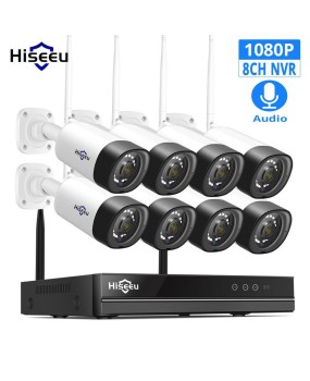 Hiseeu 8CH 1080P Wireless NVR Kit with 48pcs Waterproof Audio Record Camera Home Outdoor Waterproof Wireless Set Voice 3 million HD Night Vision Network Camera