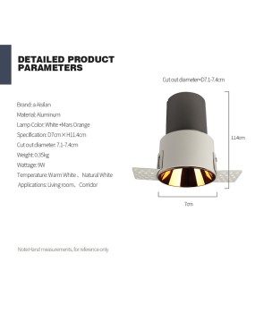 Hot Design 9W COB Trimless Adjustable Recessed Led Downlight Commercial indoor Spot Light lighting