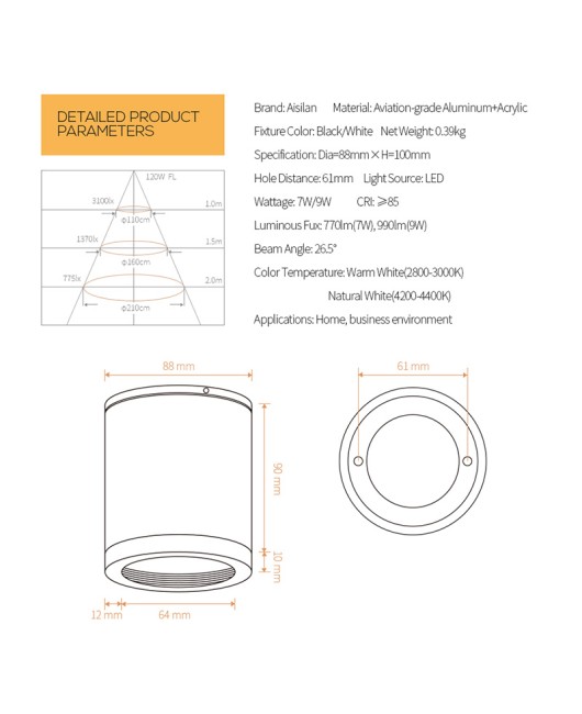  Led Surface Mounted Ceiling Downlight for indoor Living room, Bedroom, Kitchen, Bathroom, Corridor Spot light AC90-260V