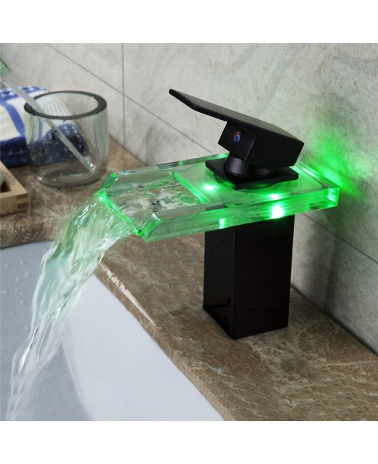 Bathroom Sink Faucet Glass ORB Oil Rubbed Bronze Color Changing LED Waterfall Bathroom Basin Tap Black