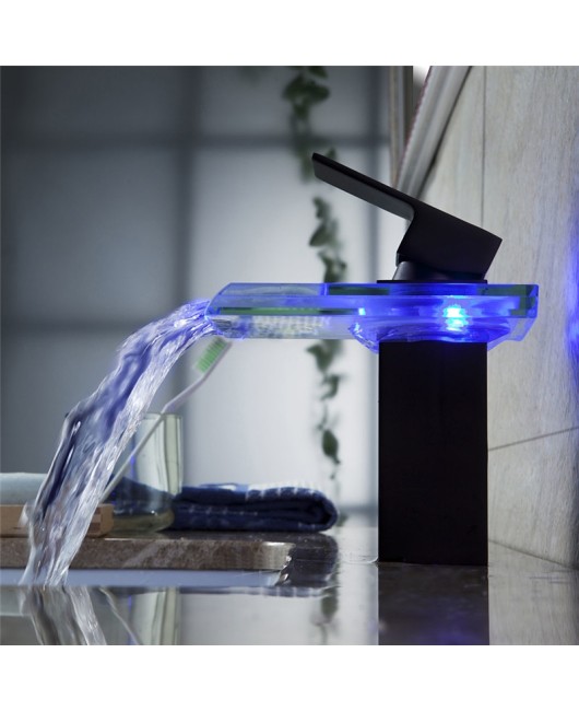 Bathroom Sink Faucet Glass ORB Oil Rubbed Bronze Color Changing LED Waterfall Bathroom Basin Tap Black