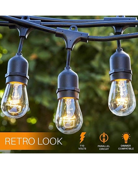 48 FT Weatherproof Outdoor String Lights - 15 Hanging Sockets - Perfect Patio Lights - Commercial Grade - 16 11 Watt S14 Dimmable 