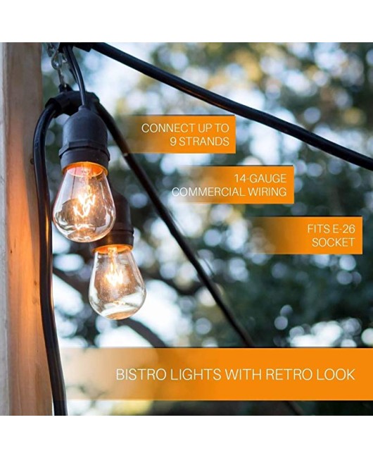 48 FT Weatherproof Outdoor String Lights - 15 Hanging Sockets - Perfect Patio Lights - Commercial Grade - 16 11 Watt S14 Dimmable 
