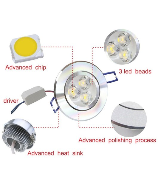 Pack of 10,Pocketman 110V 3W LED Ceiling Light Downlight Spotlight Lamp Recessed Lighting Fixture,with LED Driver
