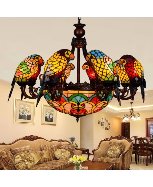 Europa Tiffany Vintage Art Colored Glass Parrot Pendant Light Bar Restaurant Living Room Bird Light Glass Lighting