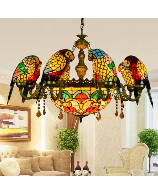 Europa Tiffany Vintage Art Colored Glass Parrot Pendant Light Bar Restaurant Living Room Bird Light Glass Lighting
