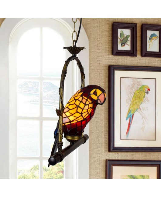 Europa Tiffany Vintage Art Colored Glass Parrot Pendant Light Bar Restaurant Living Room Bird Light Glass Lighting