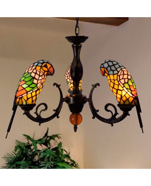 Europa Tiffany Vintage Art Colored Glass Parrot Pendant Light Bar Restaurant Living Room Bird Light Glass Lighting