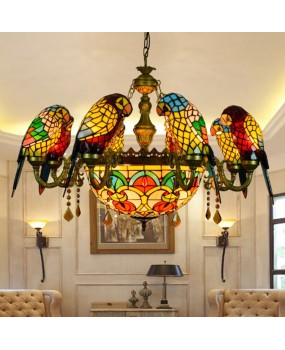 Europa Tiffany Vintage Art Colored Glass Parrot Pendant Light Bar Restaurant Living Room Bird Light Glass Lighting
