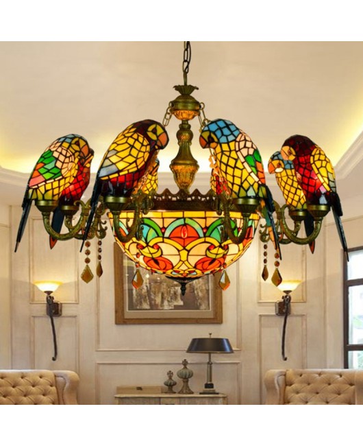 Europa Tiffany Vintage Art Colored Glass Parrot Pendant Light Bar Restaurant Living Room Bird Light Glass Lighting