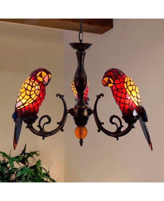 Europa Tiffany Vintage Art Colored Glass Parrot Pendant Light Bar Restaurant Living Room Bird Light Glass Lighting
