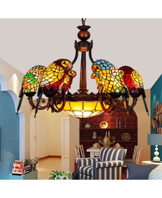 Europa Tiffany Vintage Art Colored Glass Parrot Pendant Light Bar Restaurant Living Room Bird Light Glass Lighting