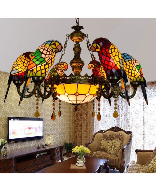 Europa Tiffany Vintage Art Colored Glass Parrot Pendant Light Bar Restaurant Living Room Bird Light Glass Lighting
