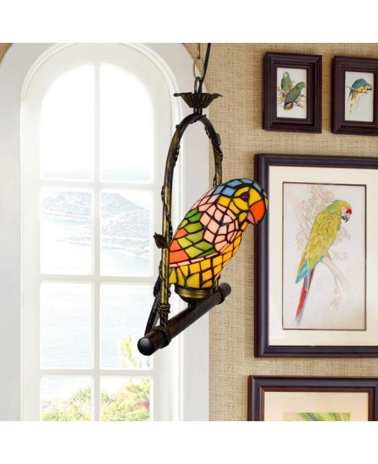 Europa Tiffany Vintage Art Colored Glass Parrot Pendant Light Bar Restaurant Living Room Bird Light Glass Lighting
