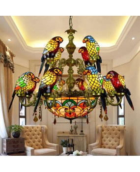Europa Tiffany Vintage Art Colored Glass Parrot Pendant Light Bar Restaurant Living Room Bird Light Glass Lighting