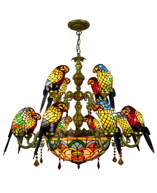 Europa Tiffany Vintage Art Colored Glass Parrot Pendant Light Bar Restaurant Living Room Bird Light Glass Lighting