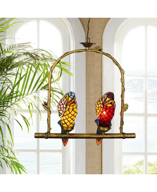 Europa Tiffany Vintage Art Colored Glass Parrot Pendant Light Bar Restaurant Living Room Bird Light Glass Lighting