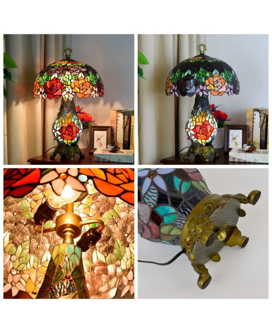 Rural creative retro rose mother and child desk lamp, European style Tiffany glass living room, bedroom, hotel bar lighting