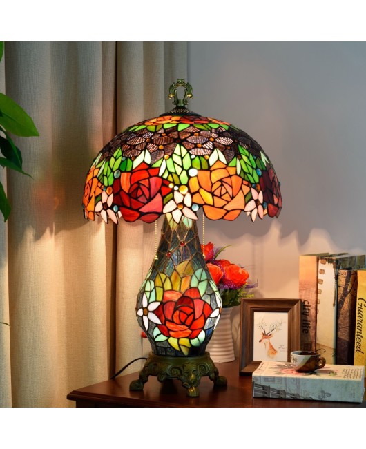Rural creative retro rose mother and child desk lamp, European style Tiffany glass living room, bedroom, hotel bar lighting