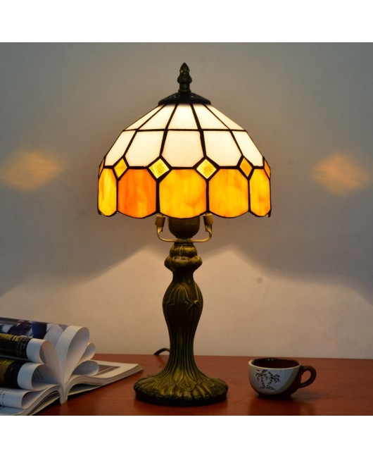 Ou Xiu Tiffany Colored Glass Warm Grid Bedroom Creative Bedhead Desk Lamp Study Children's Room 20CM