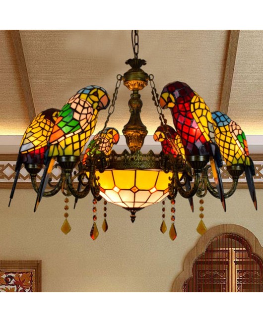 Europa Tiffany Vintage Art Colored Glass Parrot Pendant Light Bar Restaurant Living Room Bird Light Glass Lighting