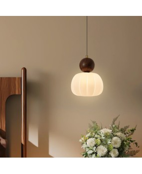 French medieval style bedroom bedside pendant light with raised walnut wood grain corridor hallway, retro pumpkin pendant light at the entrance