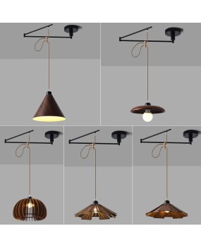 Nordic minimalist wooden dining table with movable pendant light, wood art adjustable dining table, bar counter pendant light, Japanese Wabi Sabi style pendant light