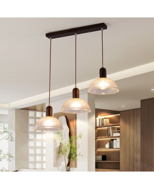 Cross border Japanese style solid wood glass three headed restaurant chandelier, new Chinese style bar counter dining table, bedroom bedside wooden hanging lamp