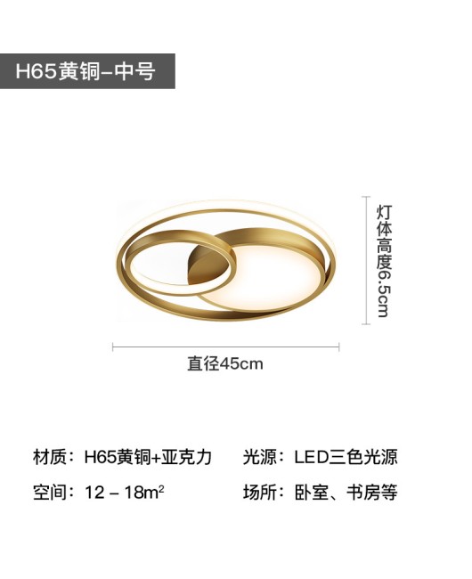 All copper minimalist modern bedroom light LED ceiling light creative personality Nordic light luxury master bedroom room study lighting