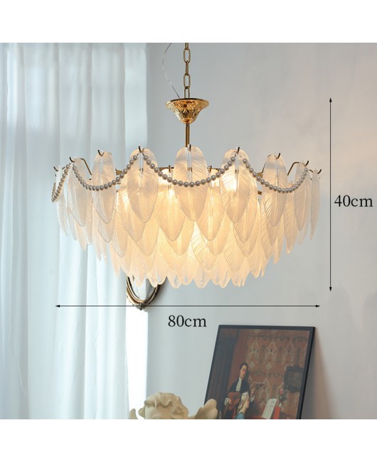 French retro living room chandelier, postmodern light luxury lamp, pearl American romantic feather glass restaurant bedroom lighting