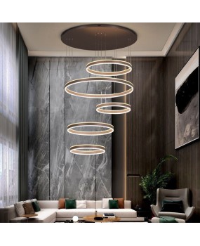High end modern minimalist villa with a large chandelier in the middle of a duplex building, light luxury, hollow loft, and cantilevered LED living room chandelier