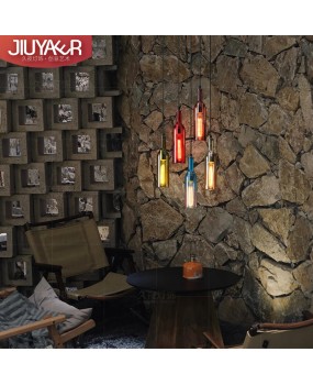 American retro colored glass pendant light, personalized restaurant bar counter decoration, small pendant light, creative red wine bottle glass light
