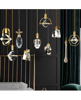 Postmodern luxury crystal pendant light Nordic all copper creative bedroom bedside lamp corridor single head dining bar pendant light