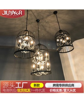 Industrial style American retro creative crystal birdcage chandelier personalized clothing hotel Western restaurant clubhouse wrought iron lighting fixtures