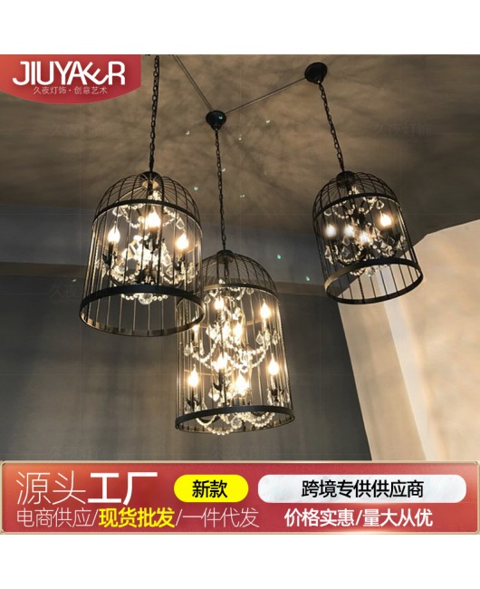 Industrial style American retro creative crystal birdcage chandelier personalized clothing hotel Western restaurant clubhouse wrought iron lighting fixtures