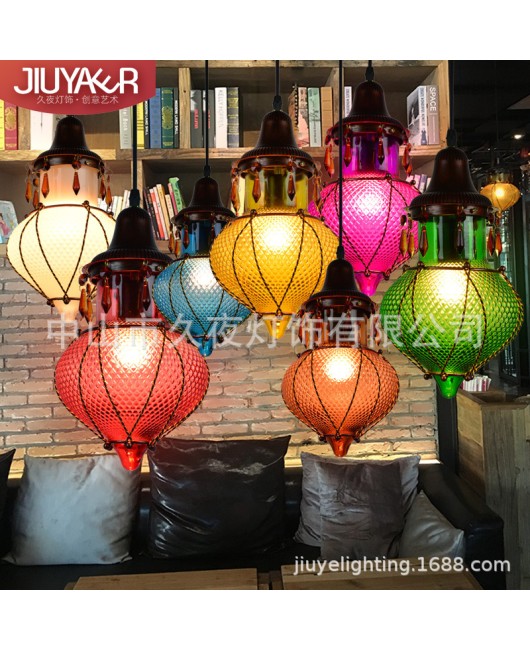 American retro colored glass chandelier creative theme Western restaurant aisle bar counter booth personalized diffuse coffee lighting fixtures
