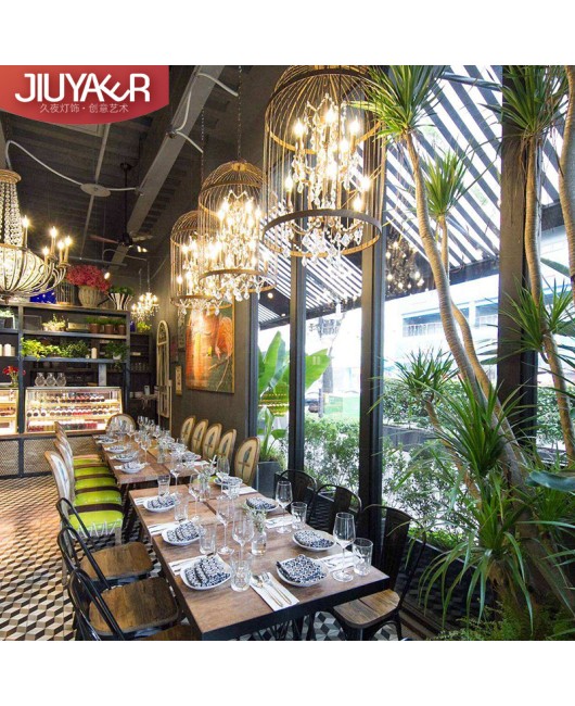 Industrial style American retro creative crystal birdcage chandelier personalized clothing hotel Western restaurant clubhouse wrought iron lighting fixtures
