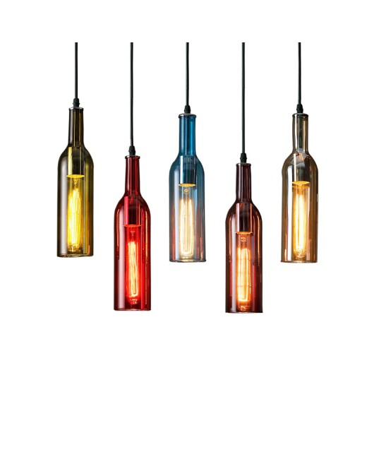 American retro colored glass pendant light, personalized restaurant bar counter decoration, small pendant light, creative red wine bottle glass light
