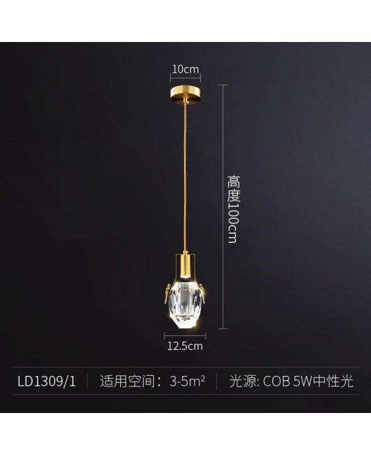 Postmodern luxury crystal pendant light Nordic all copper creative bedroom bedside lamp corridor single head dining bar pendant light