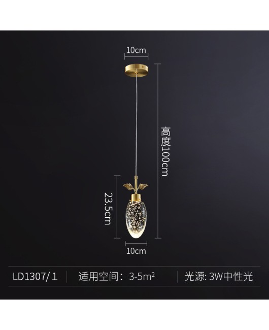 Postmodern luxury crystal pendant light Nordic all copper creative bedroom bedside lamp corridor single head dining bar pendant light