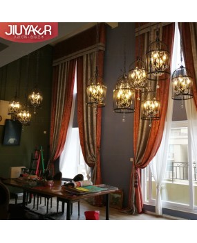 Industrial style American retro creative crystal birdcage chandelier personalized clothing hotel Western restaurant clubhouse wrought iron lighting fixtures
