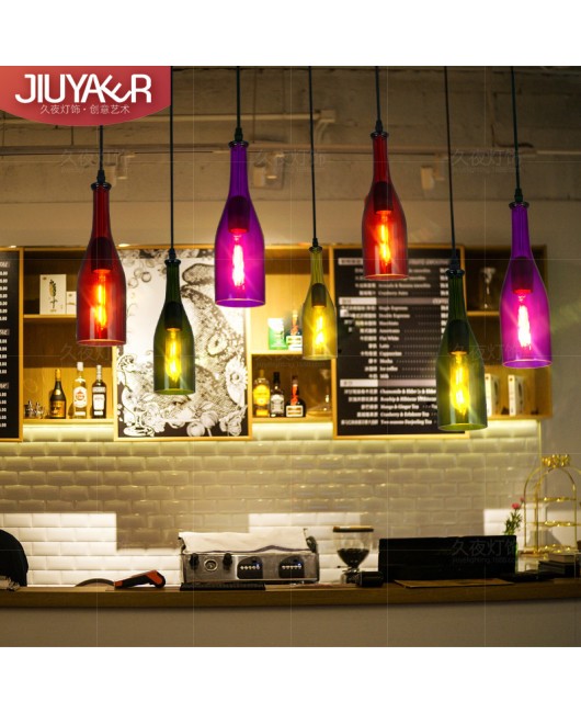 American retro colored glass pendant light, personalized restaurant bar counter decoration, small pendant light, creative red wine bottle glass light