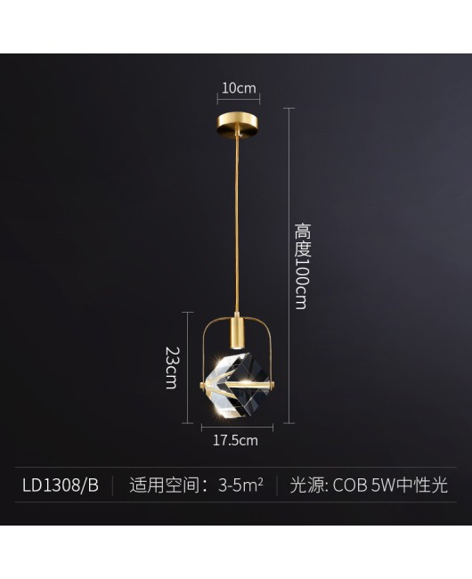 Postmodern luxury crystal pendant light Nordic all copper creative bedroom bedside lamp corridor single head dining bar pendant light