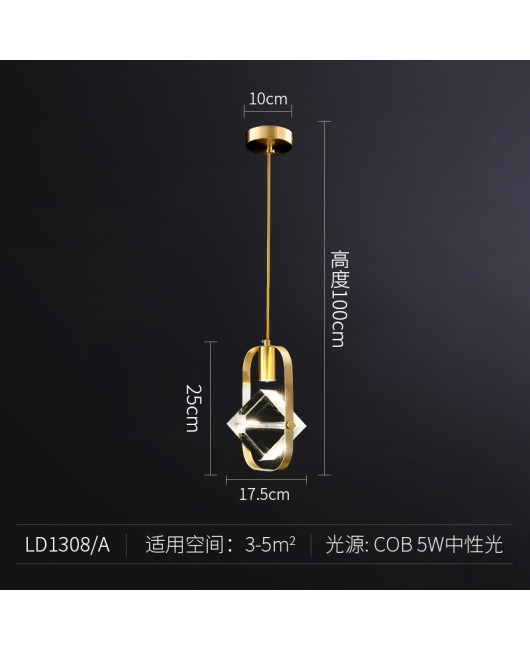 Postmodern luxury crystal pendant light Nordic all copper creative bedroom bedside lamp corridor single head dining bar pendant light