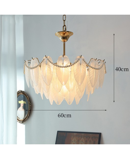 French retro living room chandelier, postmodern light luxury lamp, pearl American romantic feather glass restaurant bedroom lighting
