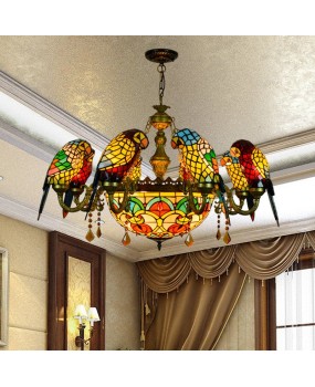 Europa Tiffany Countryside Creative Colored Glass Living Room Restaurant Bar Clubhouse Parrot Bird Multi Head Hanging Light Fixture