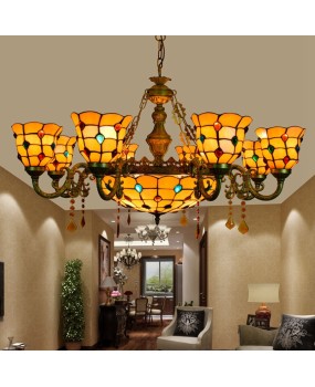 Europa Tiffany Colored Glass Retro Creative Living Room Dining Room Bedroom Multiple Head Warm Color Crystal Glass Hanging Lighting Fixtures